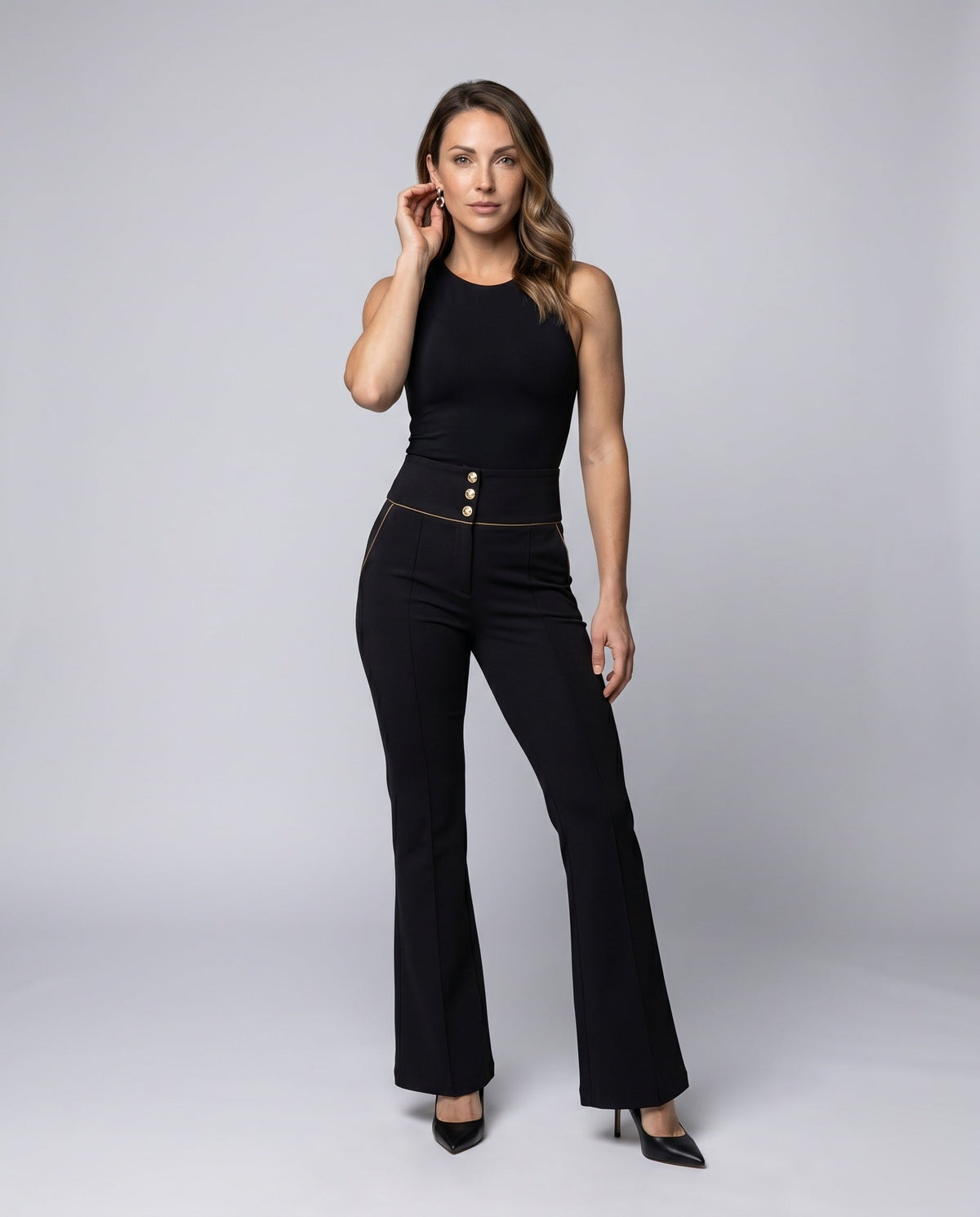 Women's Elegant High-Waisted Trousers with Decorative Button Details - Front View