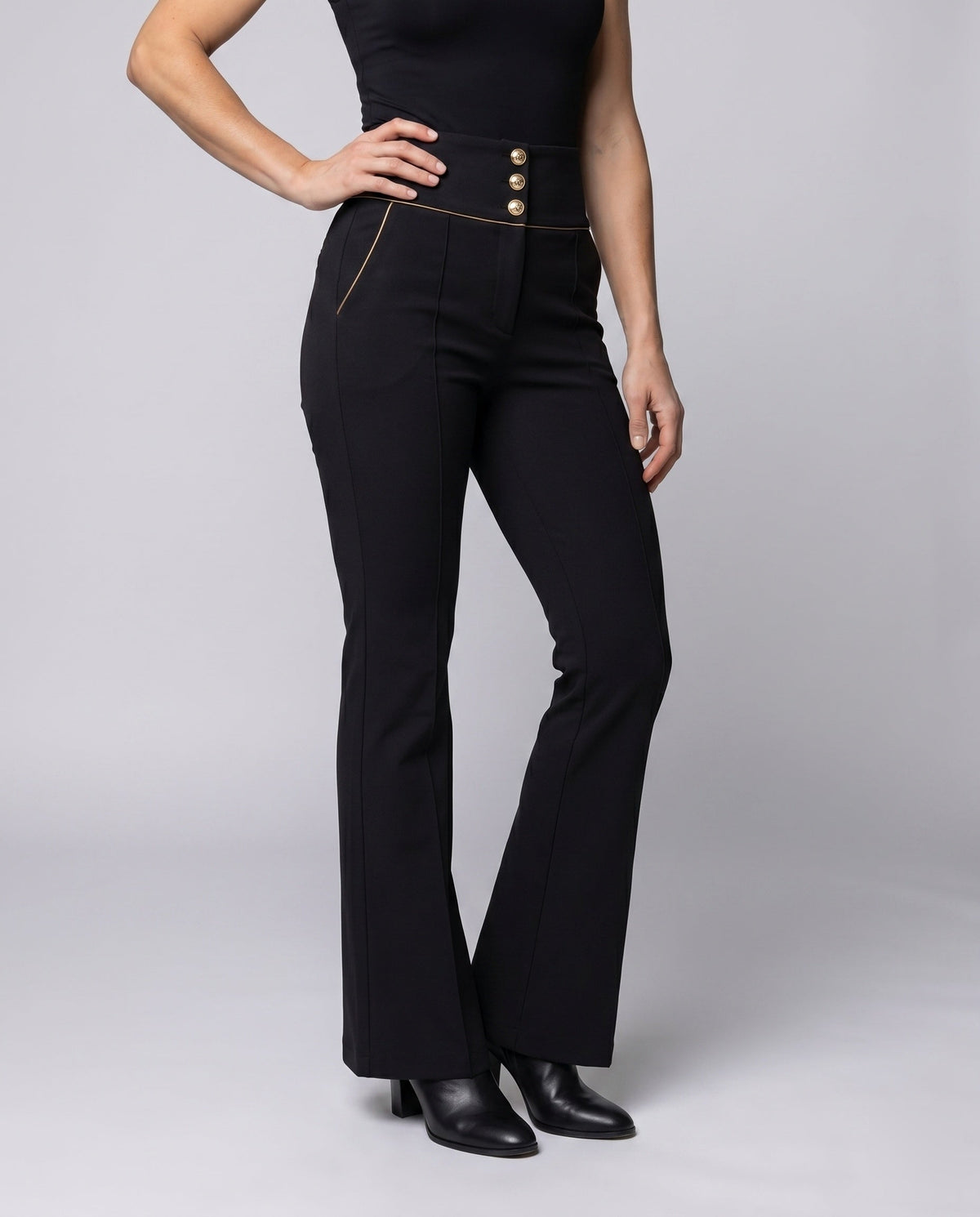 Women's Elegant High-Waisted Trousers with Decorative Button Details - Lower Body View