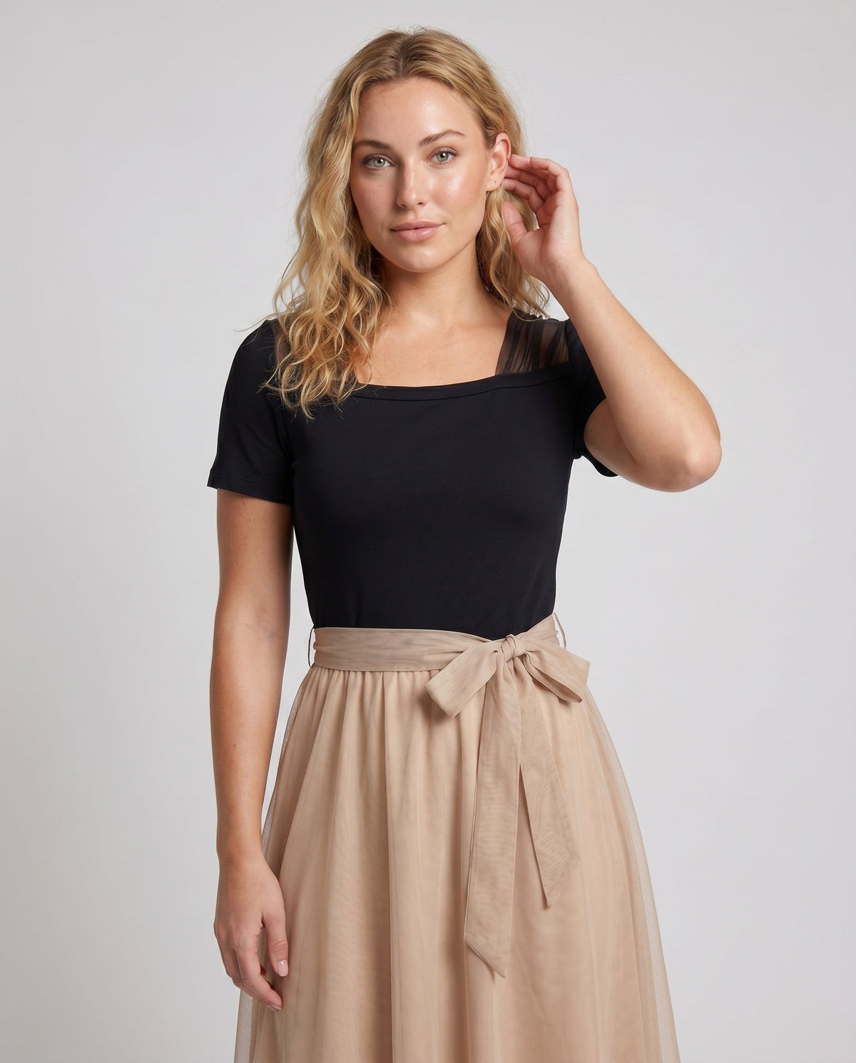 Women's Elegant Blouse Dress with Asymmetrical Skirt - Upper Body View