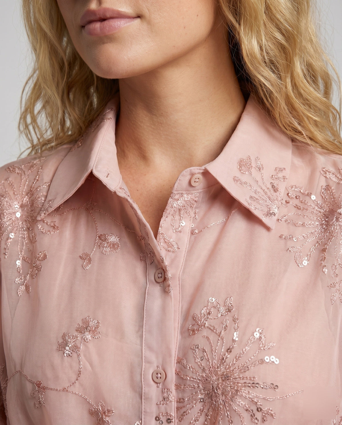Women's Elegant Blouse Dress with Delicate Embroidery, Matching Skirt - Close-Up Detail