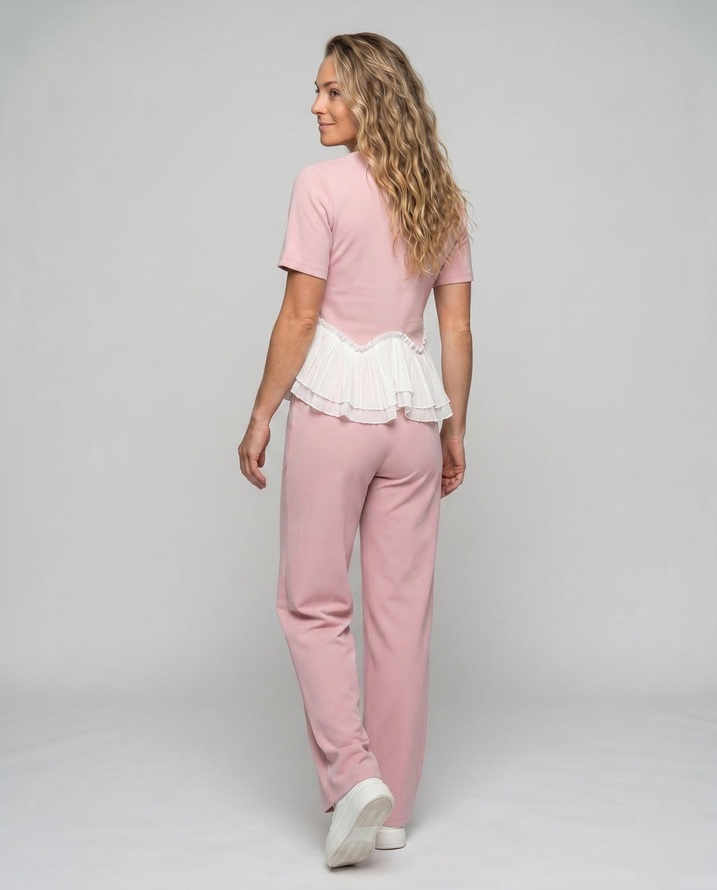 Women's Elegant and Modern Ensemble with Ruffle Details and Wide Leg - Back View