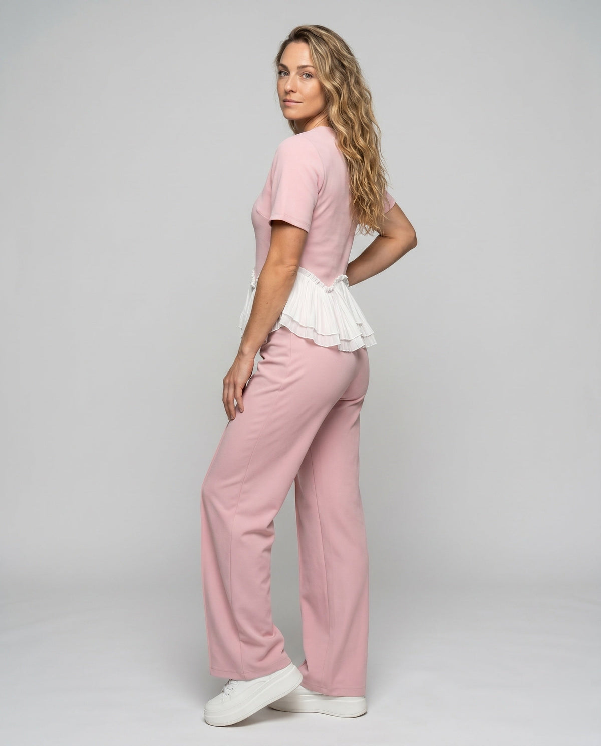Women's Elegant and Modern Ensemble with Ruffle Details and Wide Leg - Front View
