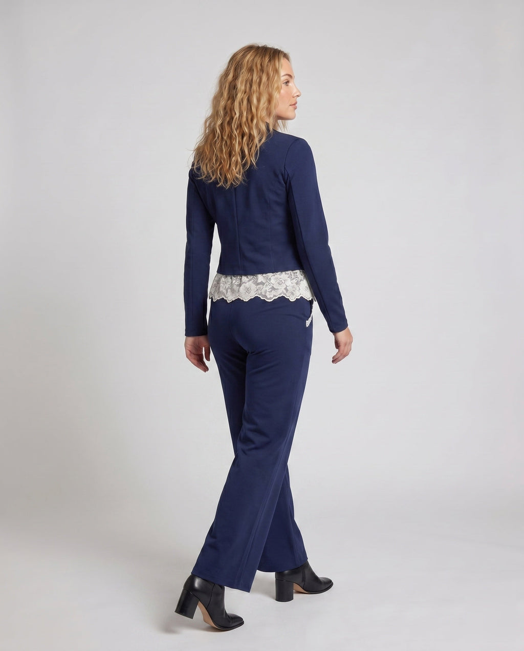 Women's Elegant Two-Piece Set with Fine Lace and Tailored Blazer - Back View