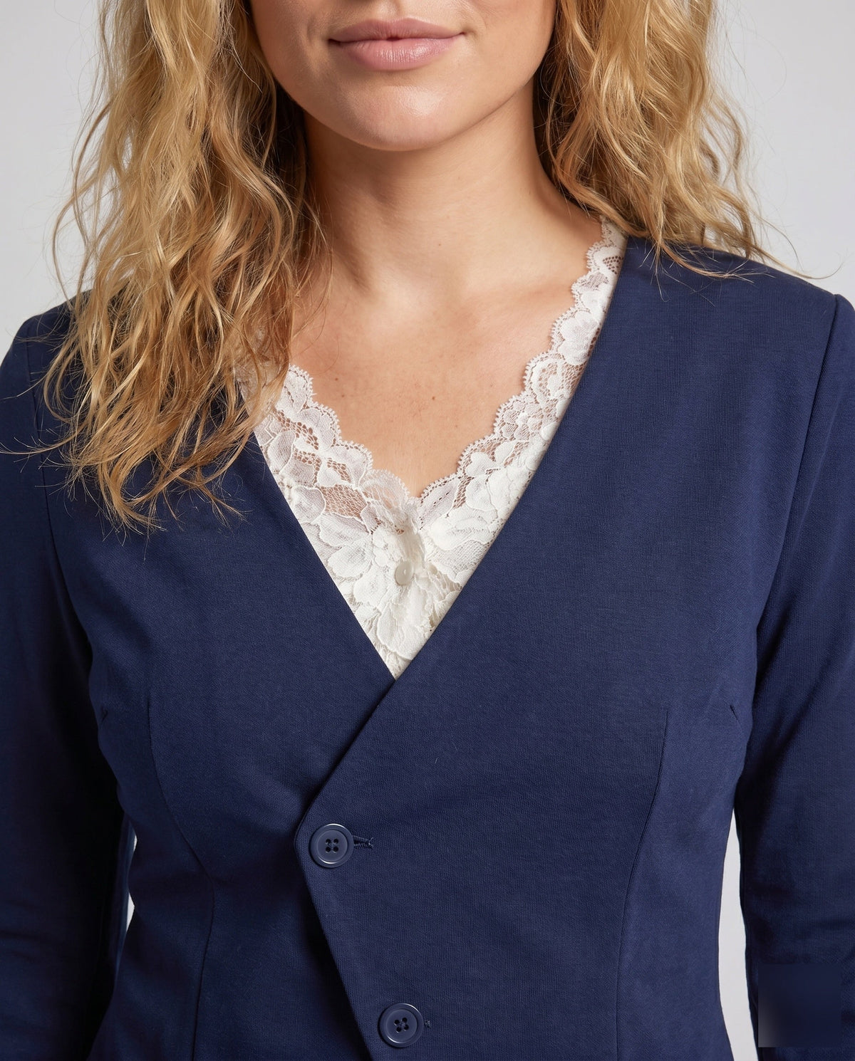 Women's Elegant Two-Piece Set with Fine Lace and Tailored Blazer - Close-Up Detail