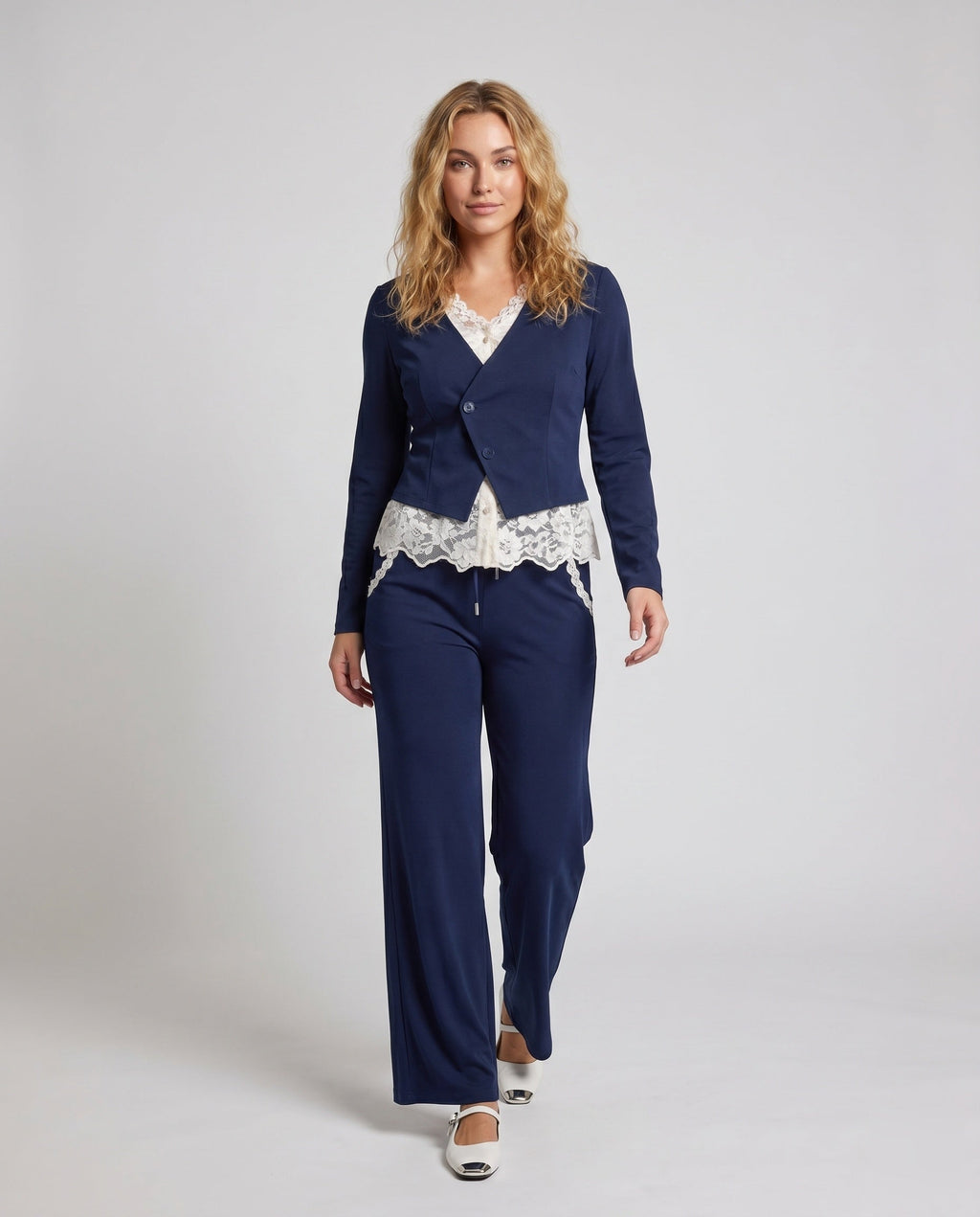 Women's Elegant Two-Piece Set with Fine Lace and Tailored Blazer - Front View