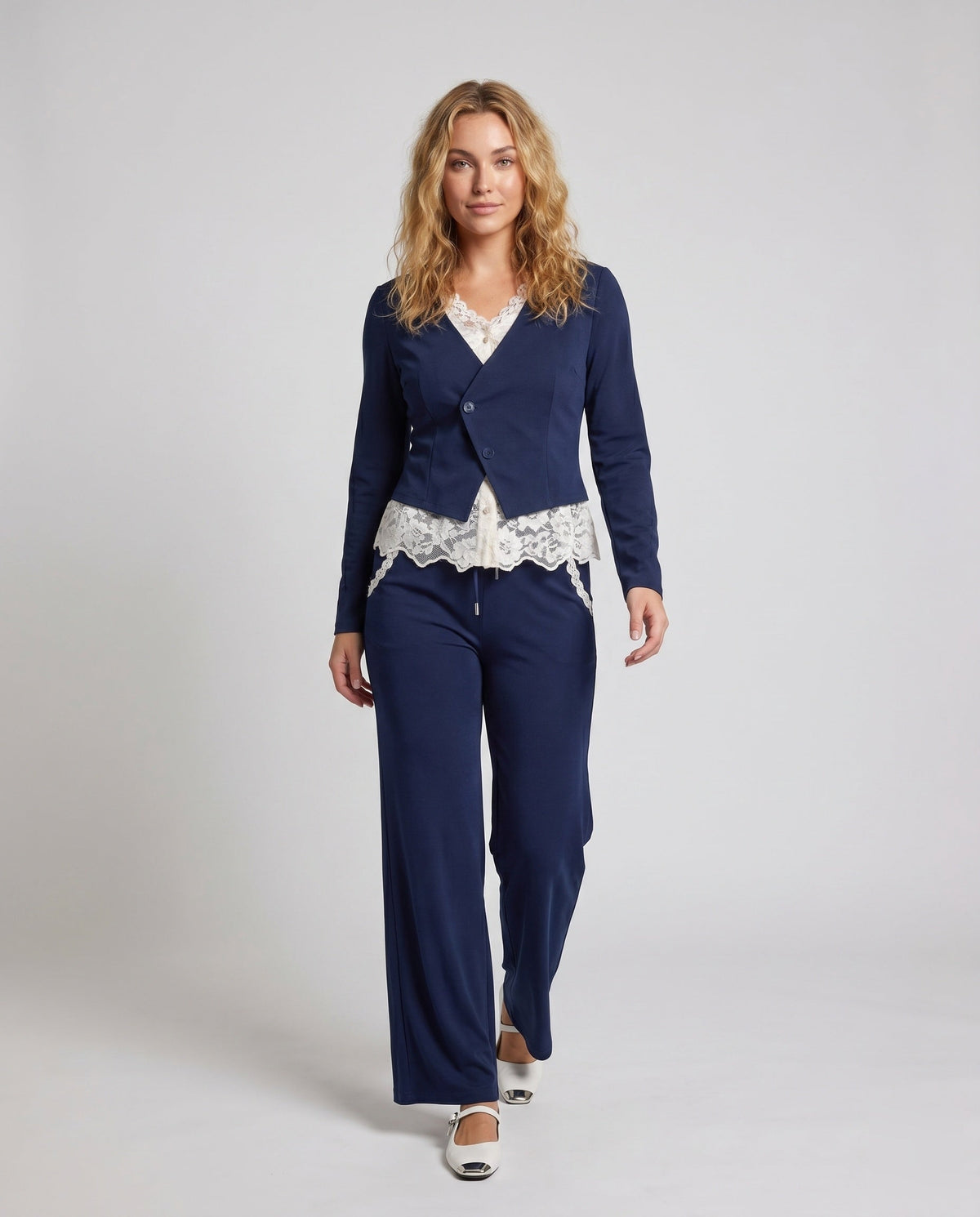 Women's Elegant Two-Piece Set with Fine Lace and Tailored Blazer - Front View