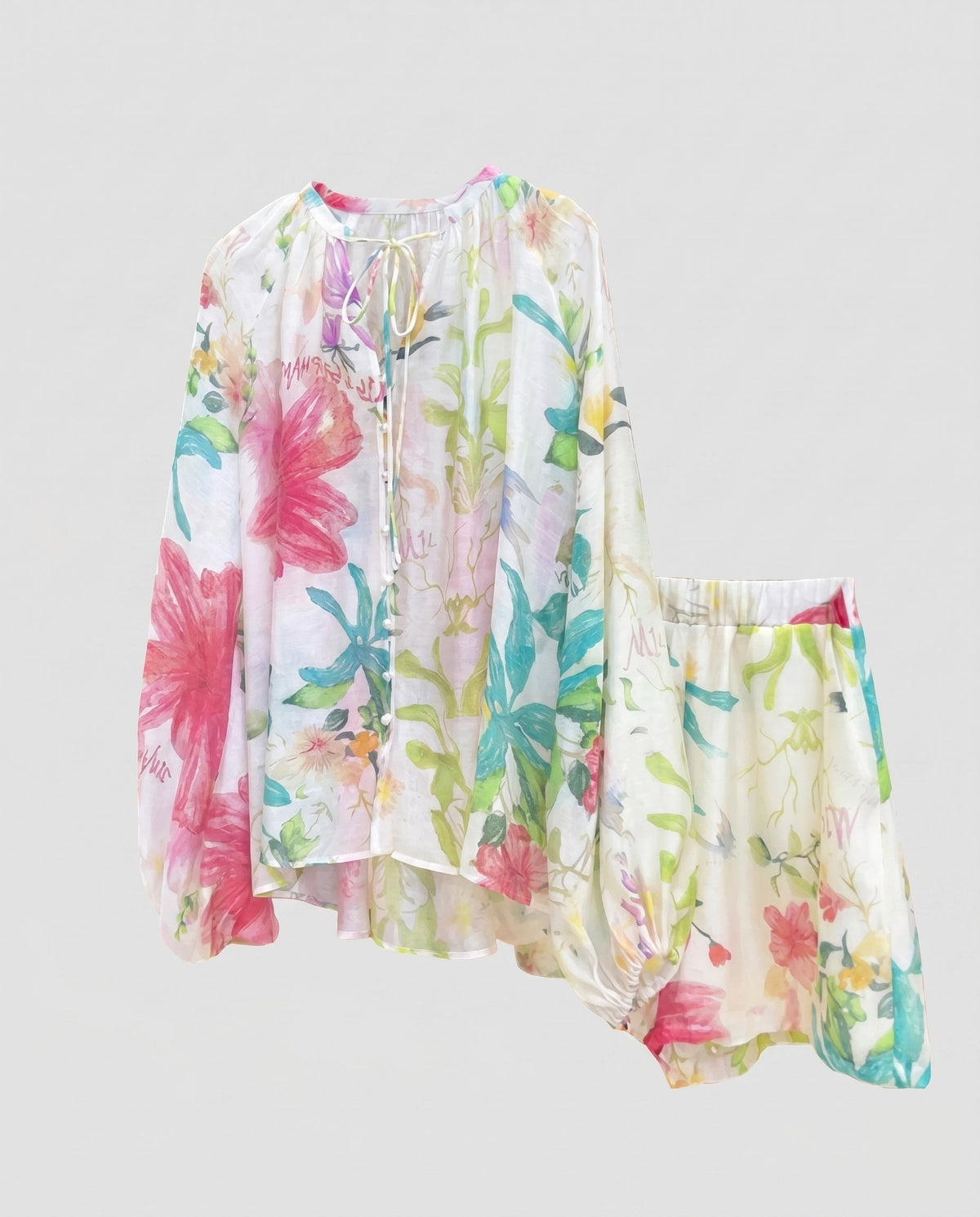 Women's Long Blouse Set with Floral Design and Elastic Waistband
