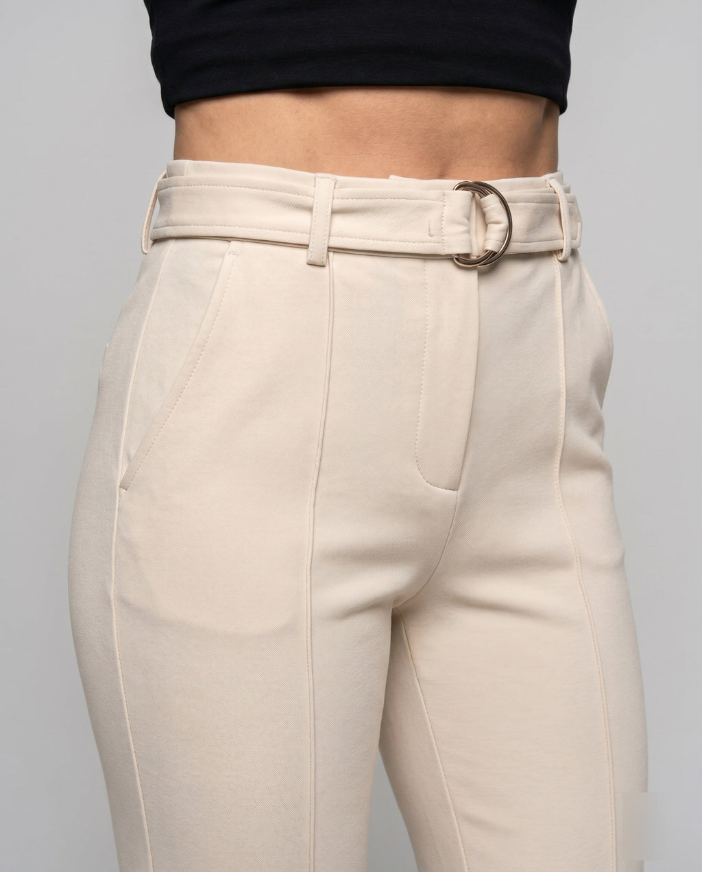Women's Fashion Pleated Trousers with Elegant Belt and Wide Leg - Close-Up Detail