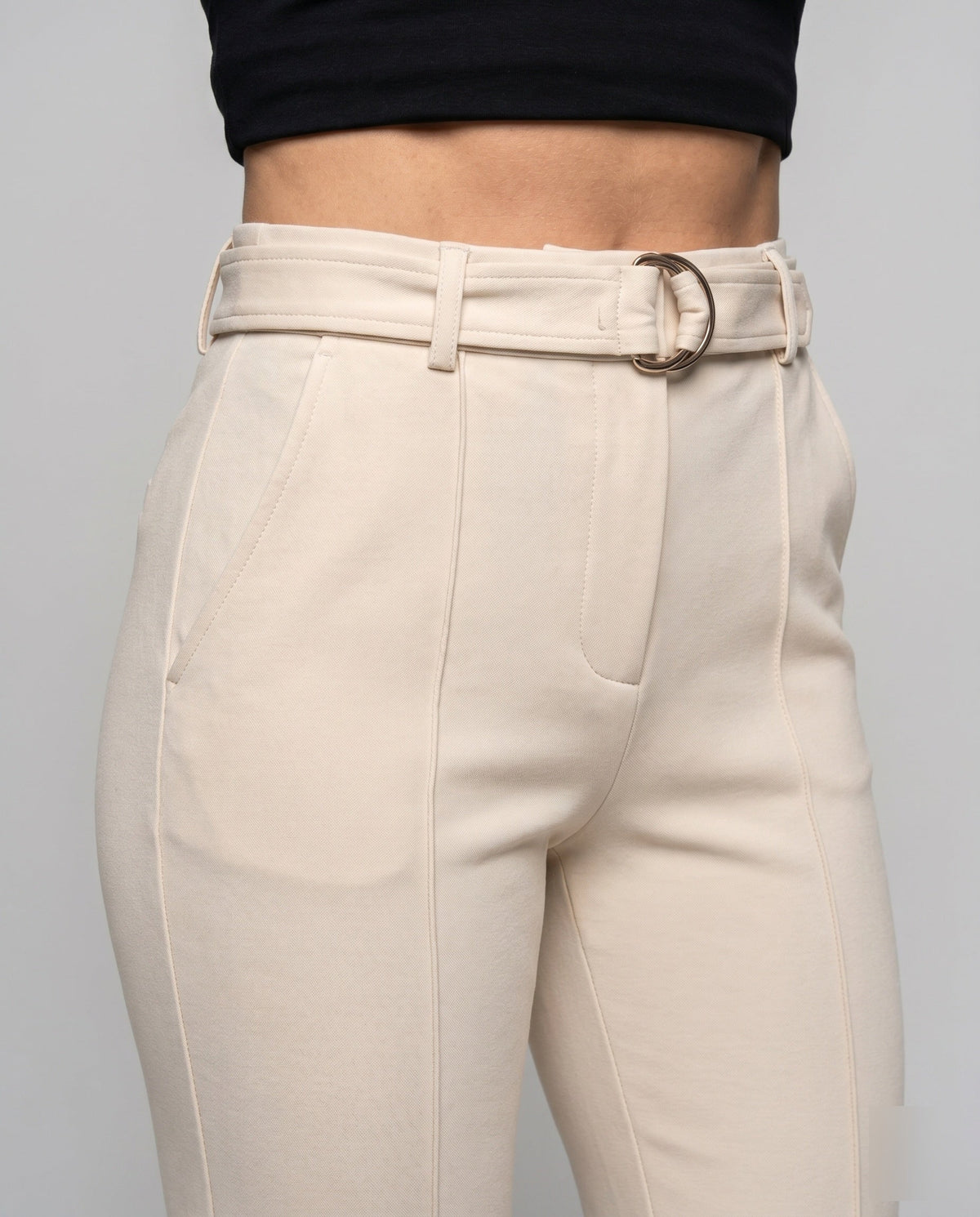 Women's Fashion Pleated Trousers with Elegant Belt and Wide Leg - Close-Up Detail