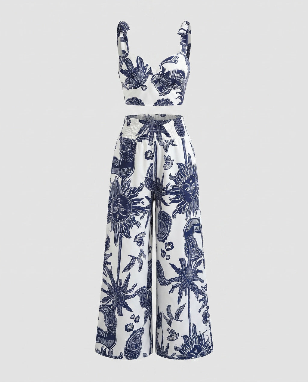 Women's Crop Top with Floral Print and Wide Pants