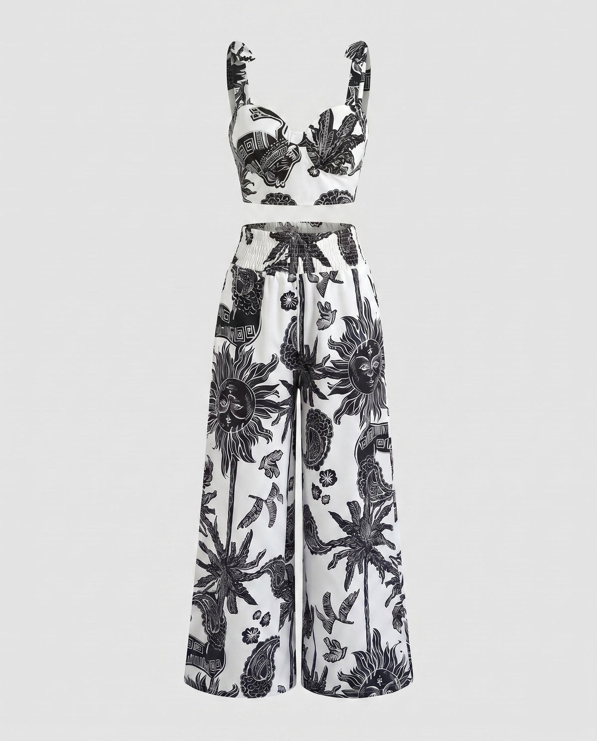 Women's Crop Top with Floral Print and Wide Pants