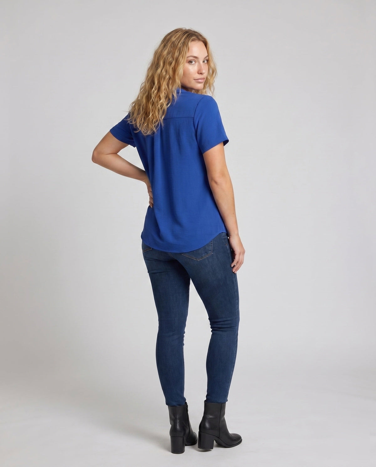 Women's Loose Blouse Top with V-Neck and Short Sleeve - Back View