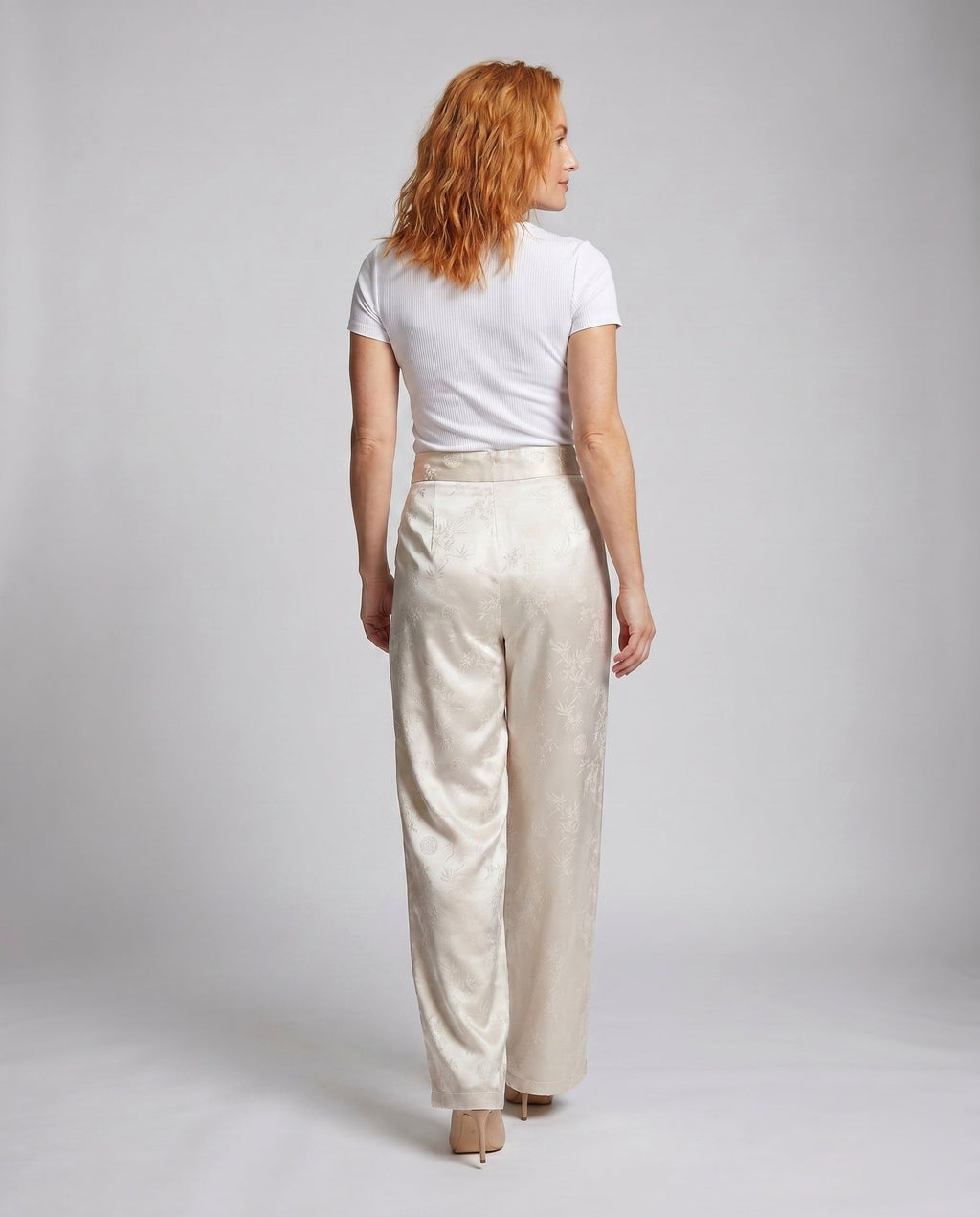 Women's Elegant Satin Pants with Floral Pattern and Elastic Waistband - Back View