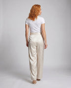Women's Elegant Satin Pants with Floral Pattern and Elastic Waistband - Back View