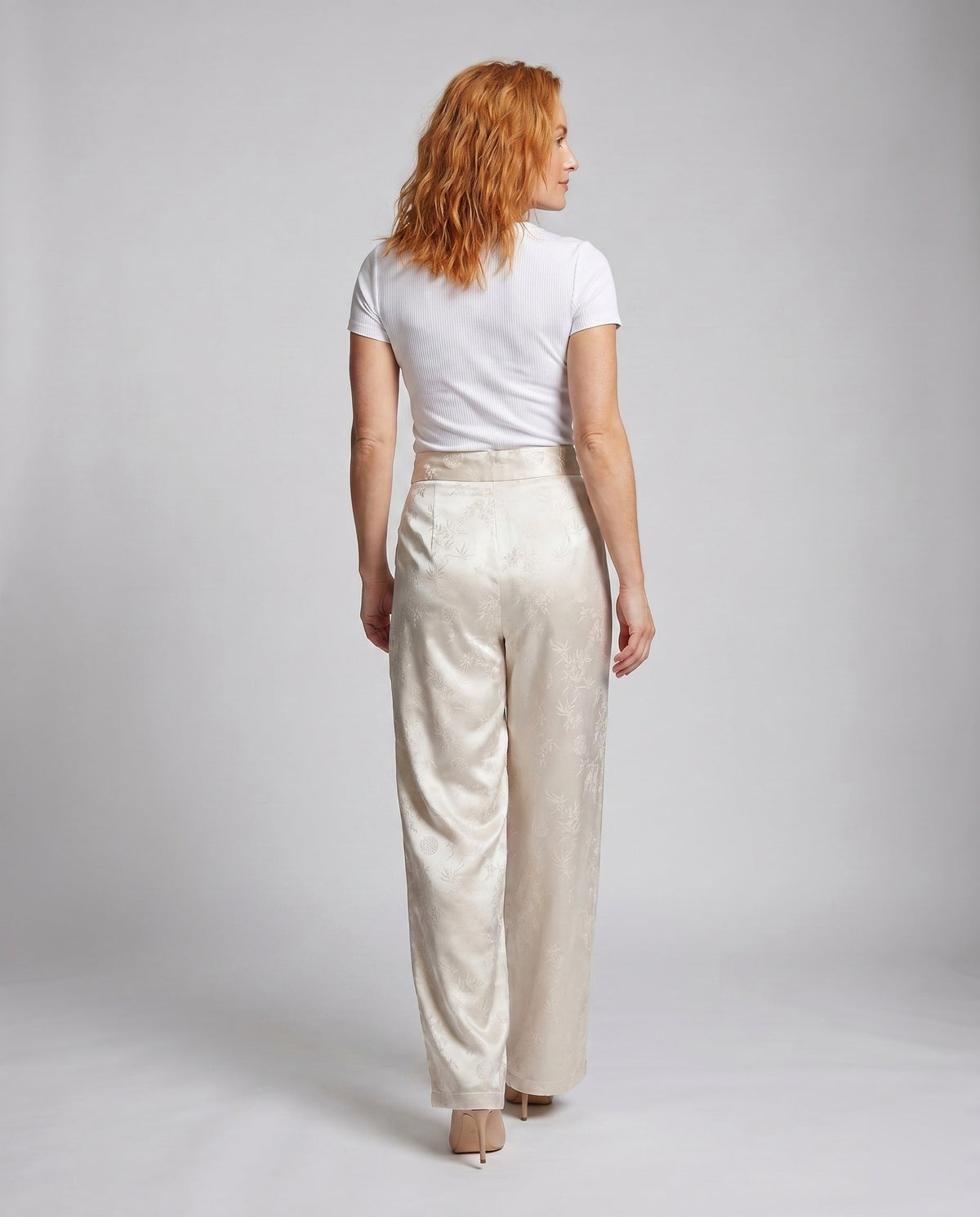 Women's Elegant Satin Pants with Floral Pattern and Elastic Waistband - Back View