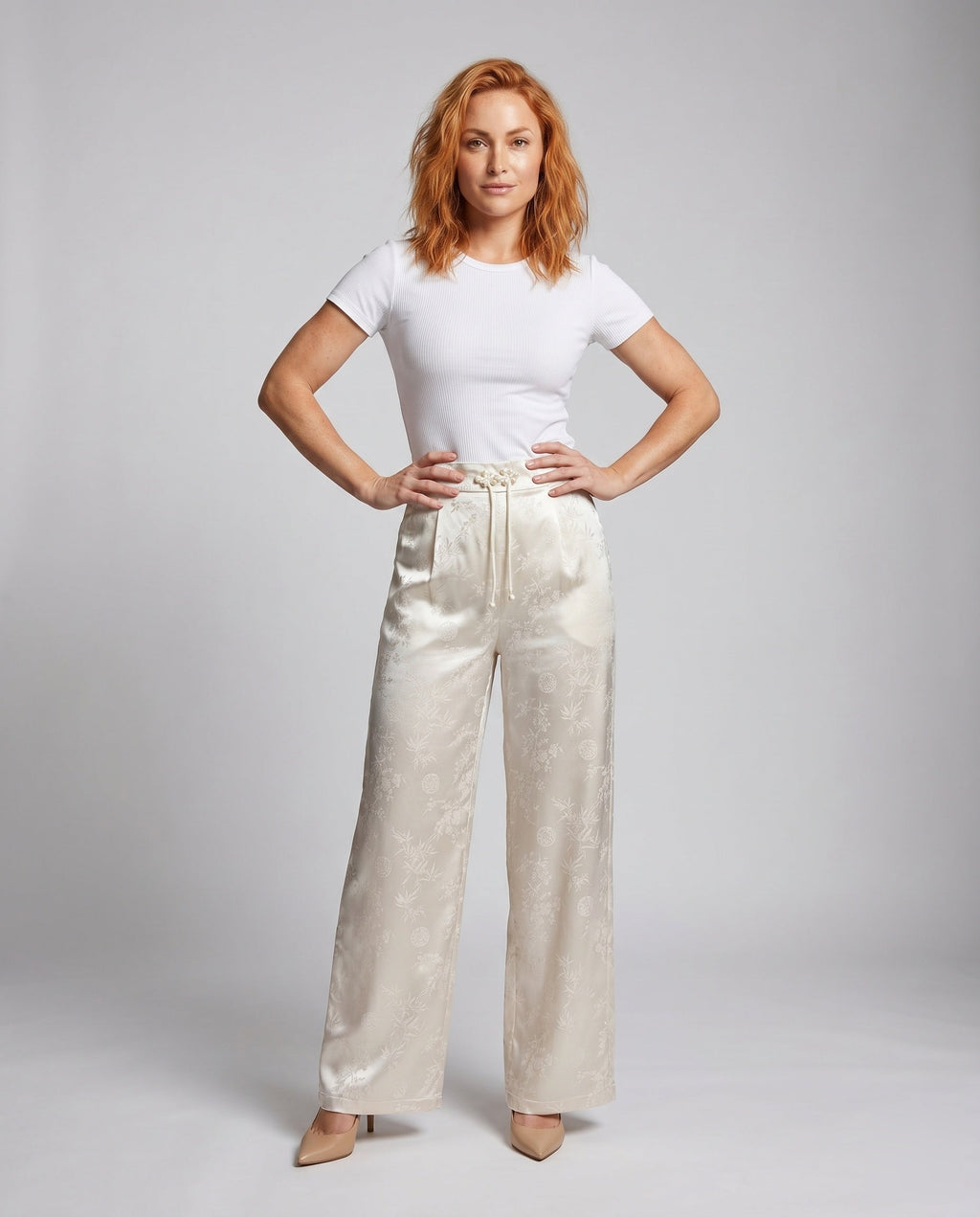 Women's Elegant Satin Pants with Floral Pattern and Elastic Waistband - Front View