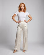 Women's Elegant Satin Pants with Floral Pattern and Elastic Waistband - Front View