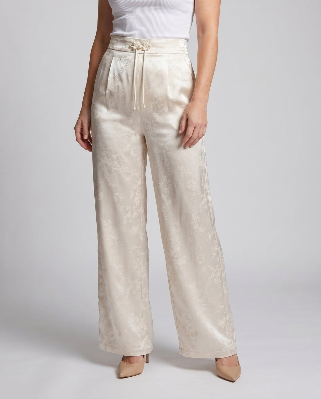 Women's Elegant Satin Pants with Floral Pattern and Elastic Waistband - Lower Body View