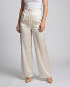 Women's Elegant Satin Pants with Floral Pattern and Elastic Waistband - Lower Body View
