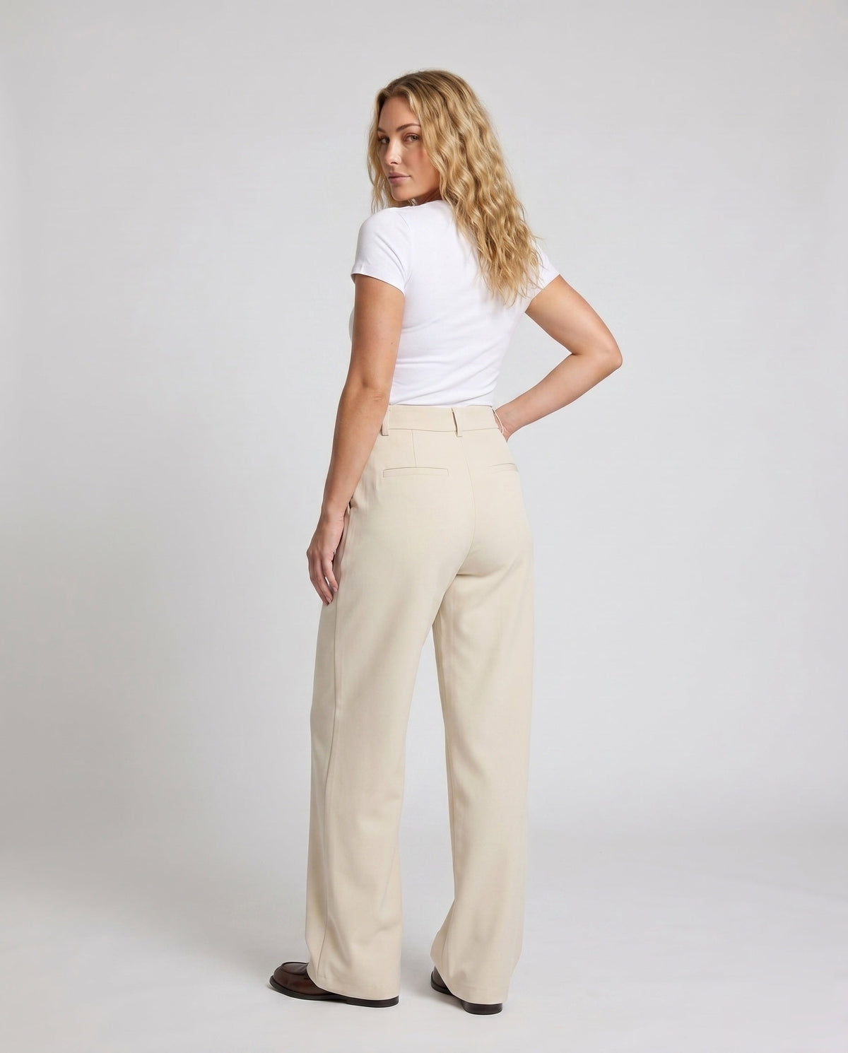 Women's High-Waisted Pleated Culottes with Belt Loops and Side Pockets - Back View