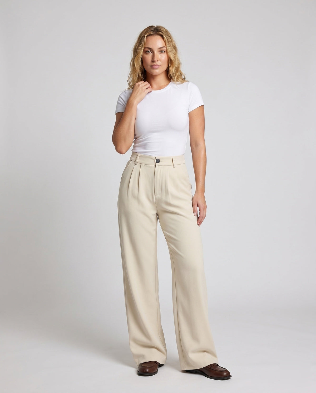 Women's High-Waisted Pleated Culottes with Belt Loops and Side Pockets - Front View