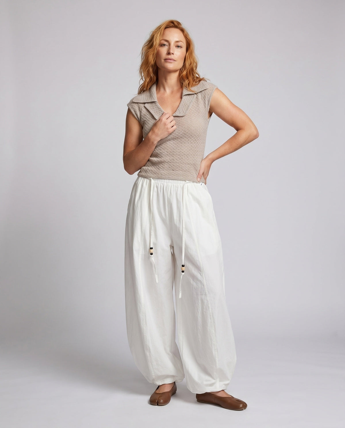 Women's High-Waisted Harem Pants with Wide Legs, Elastic Waistband - Front View