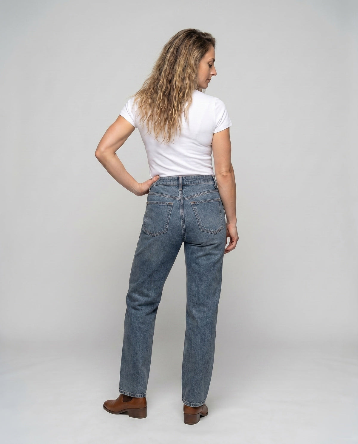 Women's High-Waisted Jeans with Wide Leg, Straight Cut - Back View
