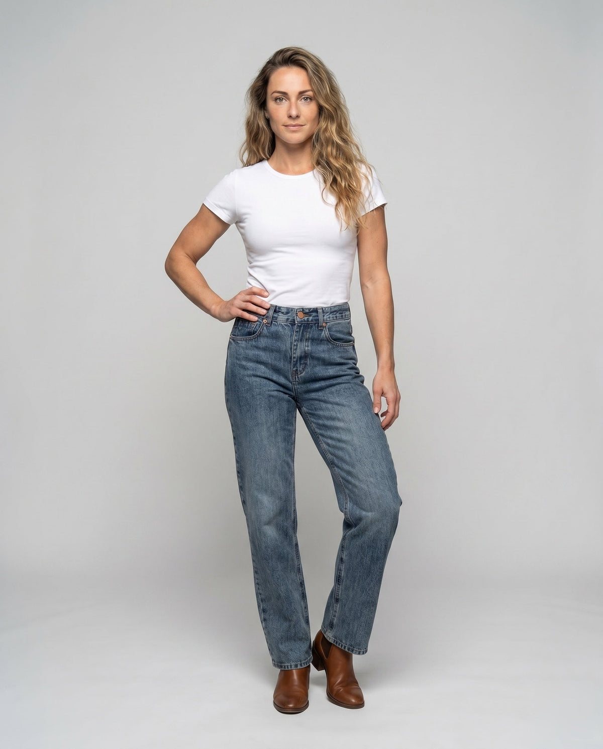 Women's High-Waisted Jeans with Wide Leg, Straight Cut - Front View