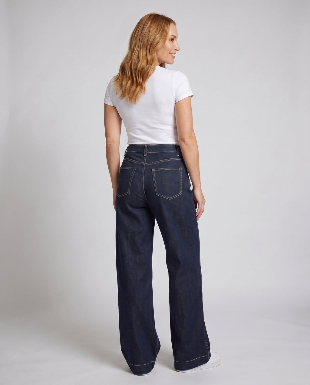 Women's High-Waisted Wide Denim Pants with Striking Contrast Stitching - Back View