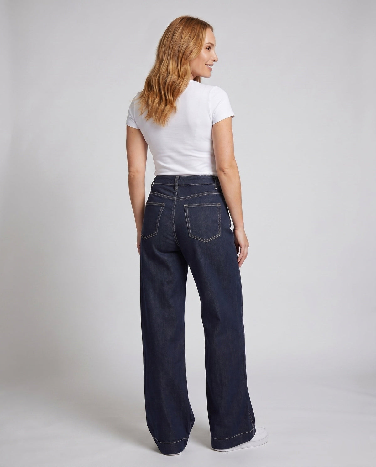 Women's High-Waisted Wide Denim Pants with Striking Contrast Stitching - Back View