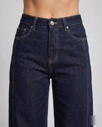 Women's High-Waisted Wide Denim Pants with Striking Contrast Stitching - Close-Up Detail