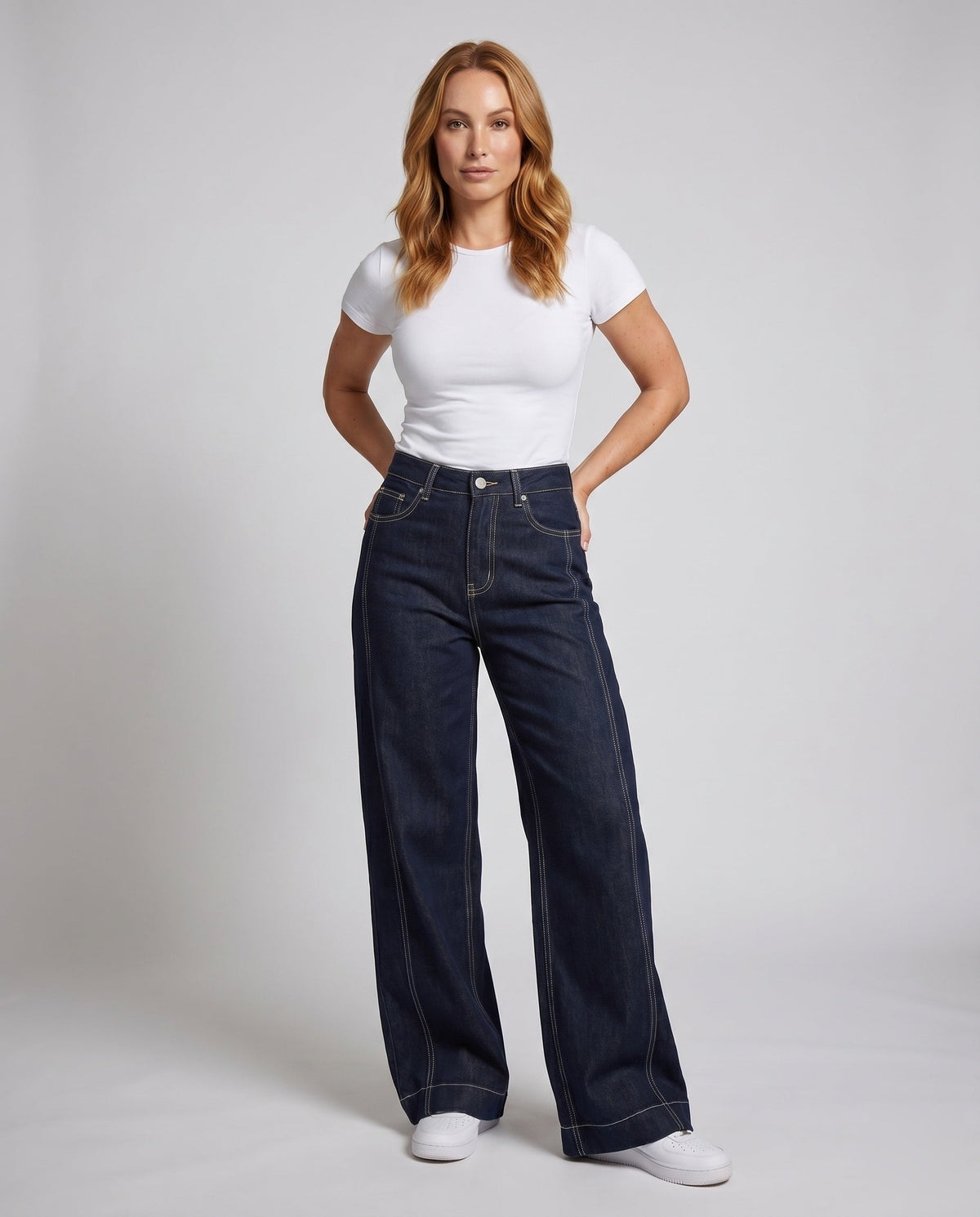 Women's High-Waisted Wide Denim Pants with Striking Contrast Stitching - Front View