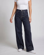 Women's High-Waisted Wide Denim Pants with Striking Contrast Stitching - Lower Body View