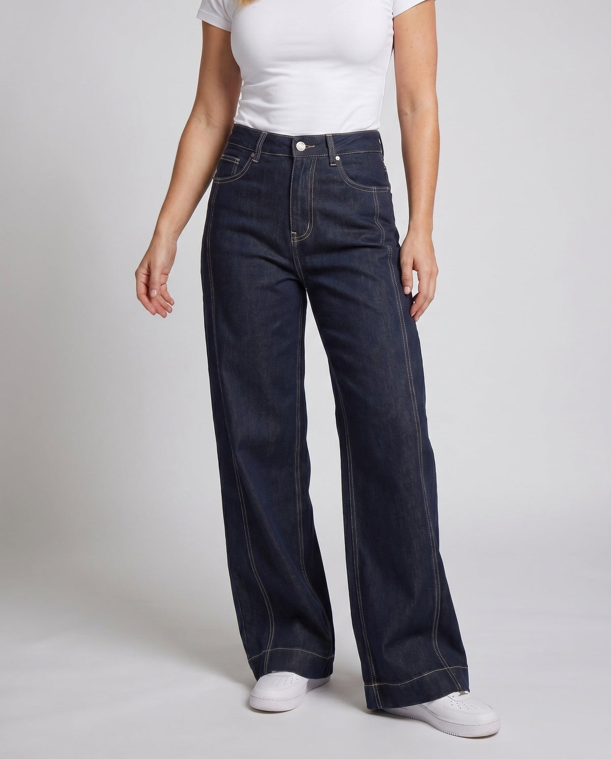 Women's High-Waisted Wide Denim Pants with Striking Contrast Stitching - Lower Body View