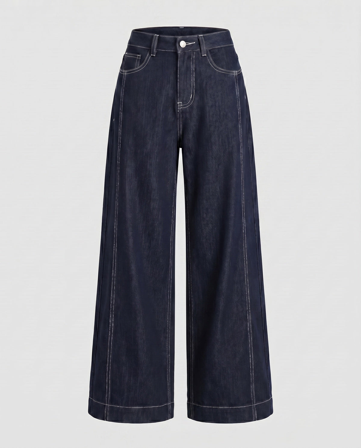 Women's High-Waisted Wide Denim Pants with Striking Contrast Stitching