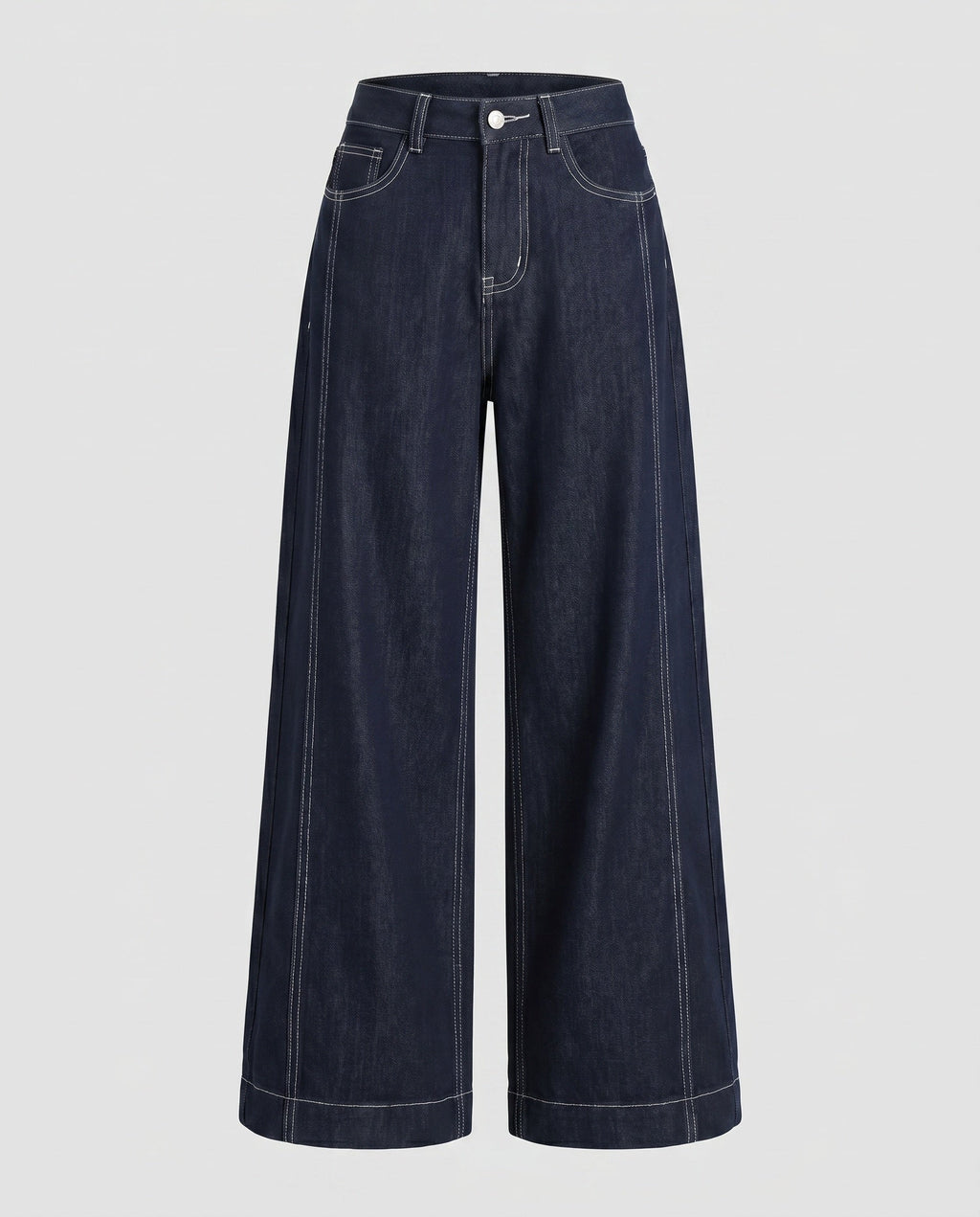 Women's High-Waisted Wide Denim Pants with Striking Contrast Stitching