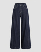 Women's High-Waisted Wide Denim Pants with Striking Contrast Stitching
