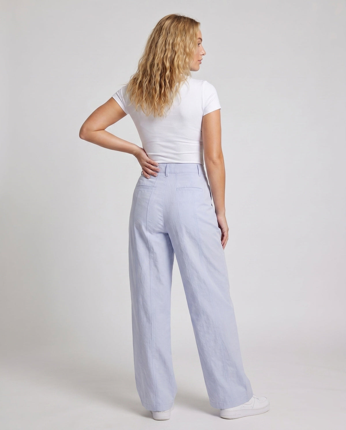 Women's High-Waisted Pleated Trousers with Wide Legs, Belt Loops - Back View