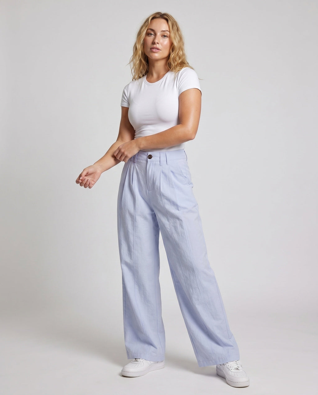 Women's High-Waisted Pleated Trousers with Wide Legs, Belt Loops - Front View