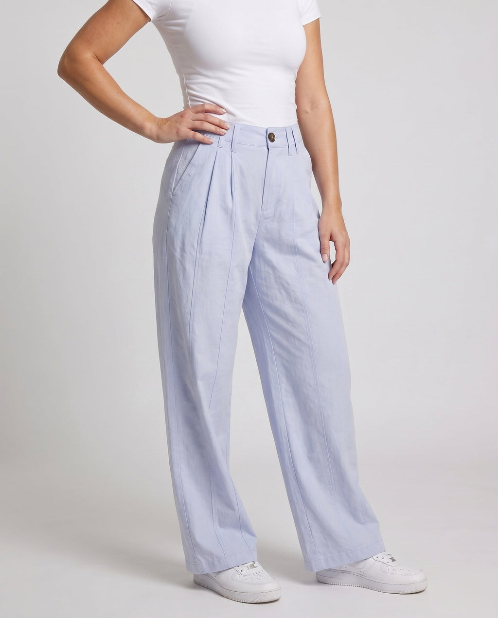 Women's High-Waisted Pleated Trousers with Wide Legs, Belt Loops - Lower Body View