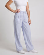 Women's High-Waisted Pleated Trousers with Wide Legs, Belt Loops - Lower Body View