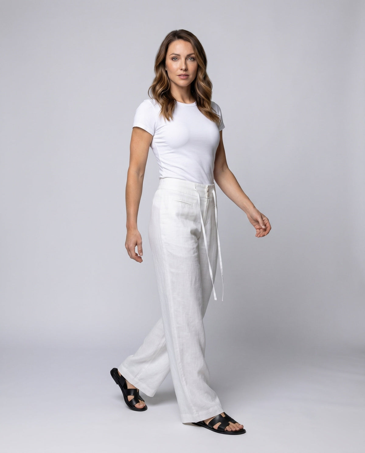 Women's High-Waisted Linen Palazzo Pants with Drawstring - Front View