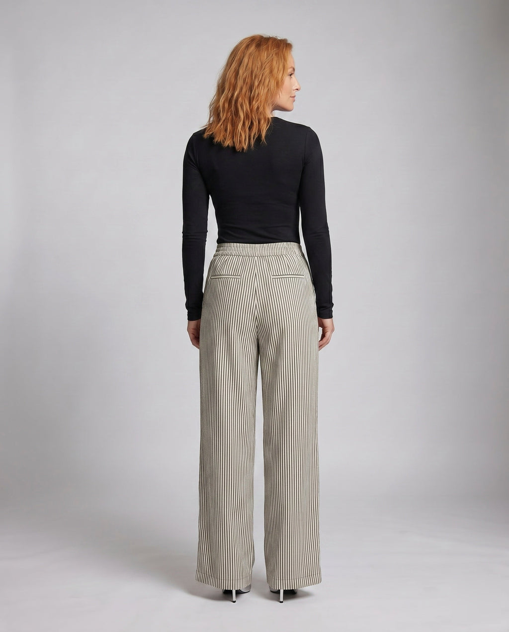 Women's High-Waisted Pleated Trousers with Wide Legs - Back View