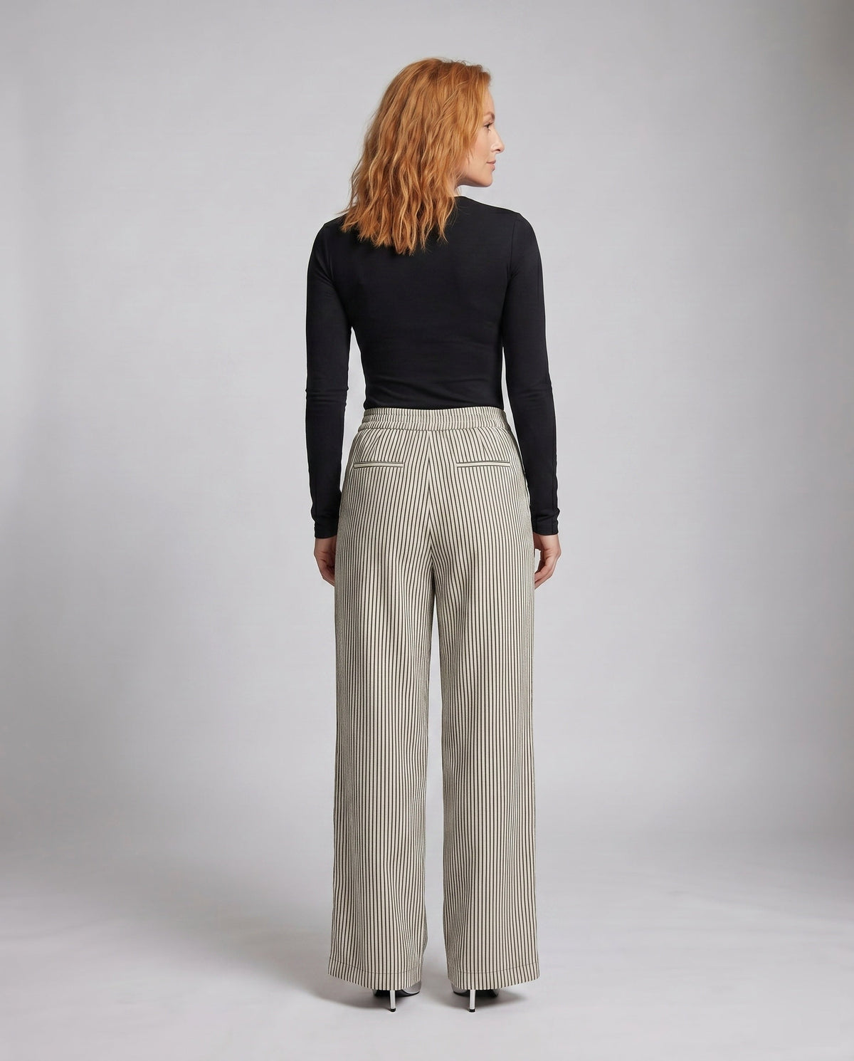 Women's High-Waisted Pleated Trousers with Wide Legs - Back View