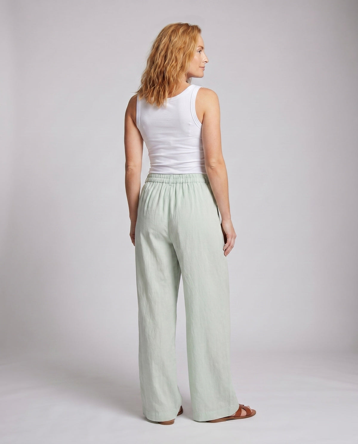 Women's Airy-Wide Linen Pants with Pleats, Drawstring Waistband - Back View