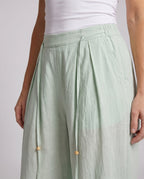 Women's Airy-Wide Linen Pants with Pleats, Drawstring Waistband - Close-Up Detail