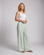 Women's Airy-Wide Linen Pants with Pleats, Drawstring Waistband - Front View