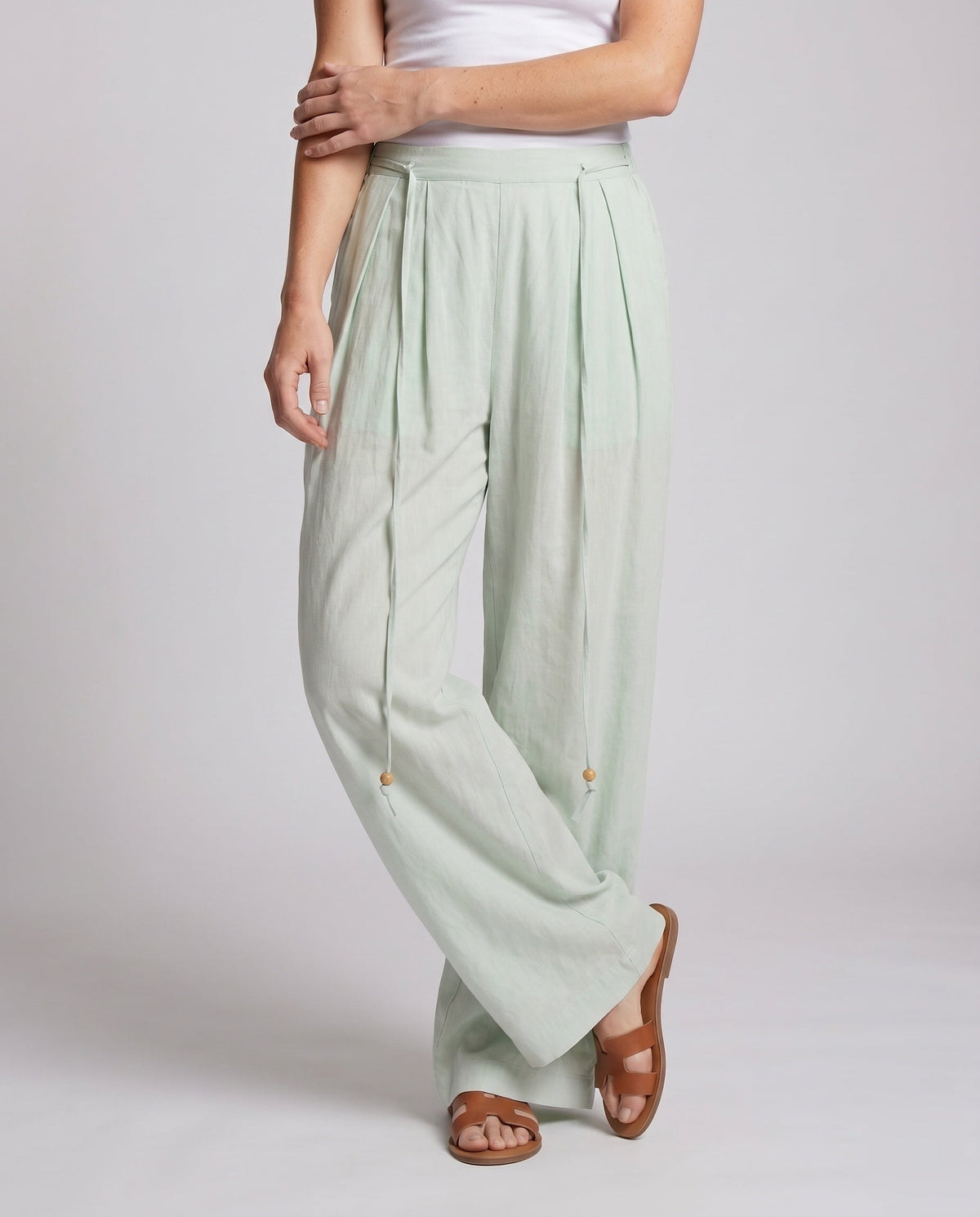 Women's Airy-Wide Linen Pants with Pleats, Drawstring Waistband - Lower Body View