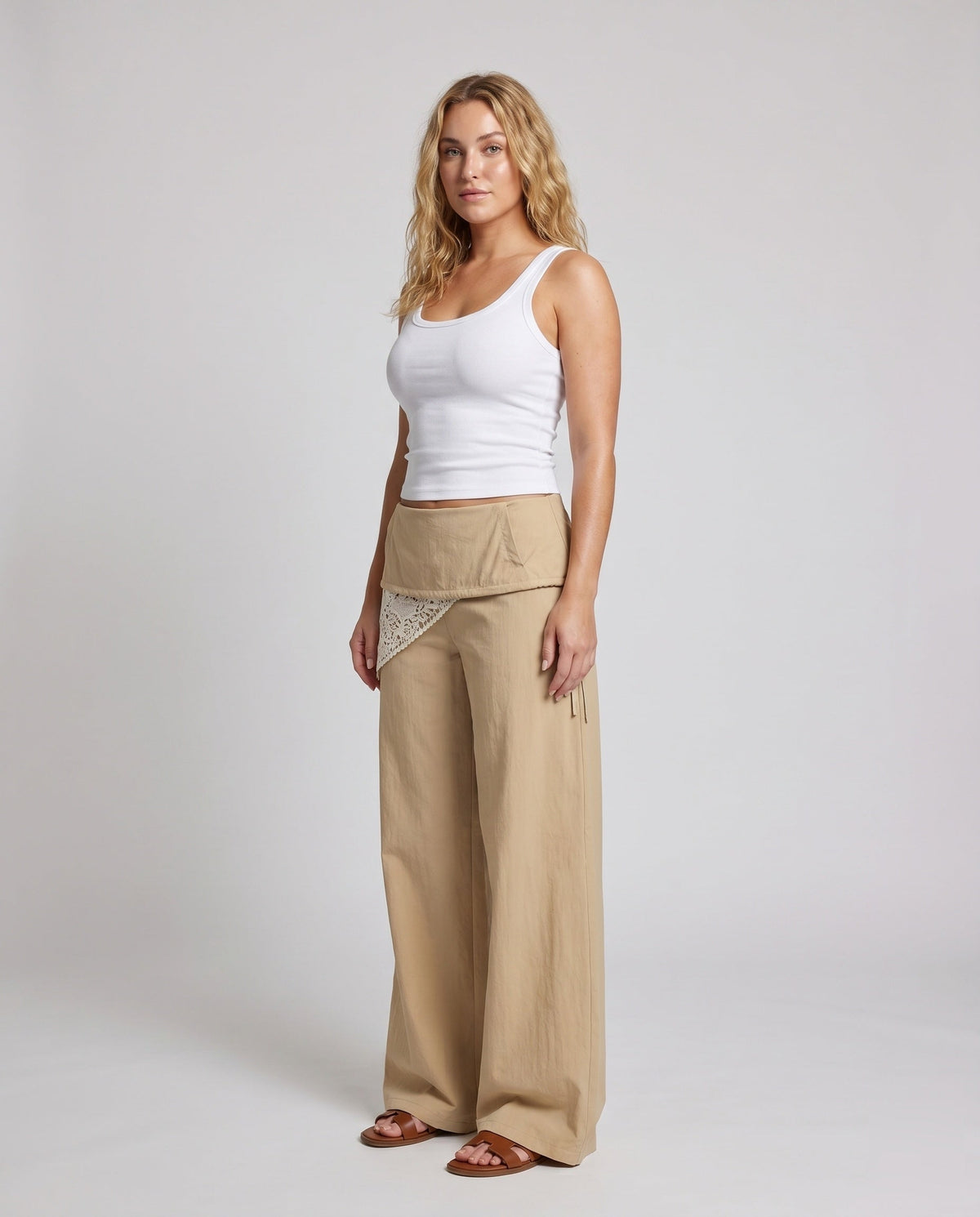 Women's Palazzo Pants with Attached Mini Overlay, Crochet Lace Insert - Front View