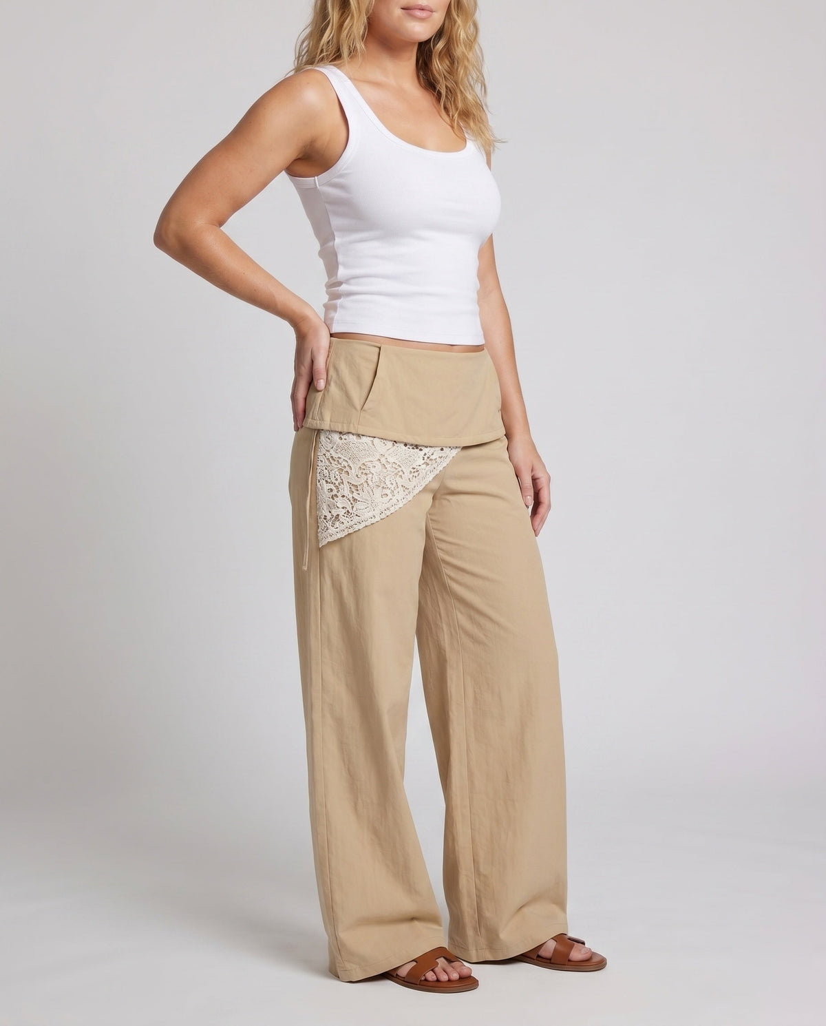 Women's Palazzo Pants with Attached Mini Overlay, Crochet Lace Insert - Lower Body View